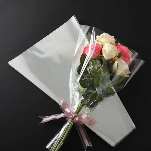 WLngtv 100 Pcs Clear Plastic Flower Bouquet Sleeve Bags, Sleeve Transparent Cellophane Bags Rose Packaging Gift Wrap Cellophane for Valentine's Day in Saudi Arabia