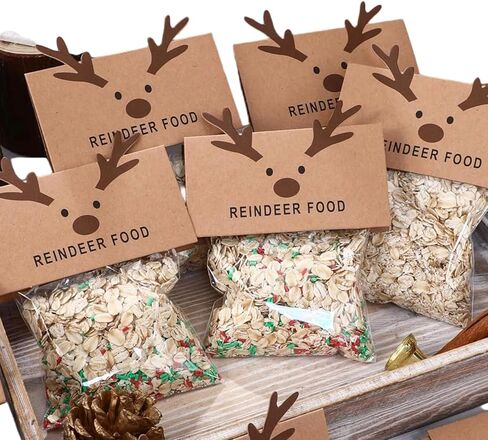 Yexiya 100 Pcs Magic Reindeer Christmas Food Treat Bags with 100 Toppers Self Adhesive Cellophane Goodie Plastic Reindeer Food Candy Bags for Gift Giving Wrapping Baking Xmas Party Favors in Saudi Arabia