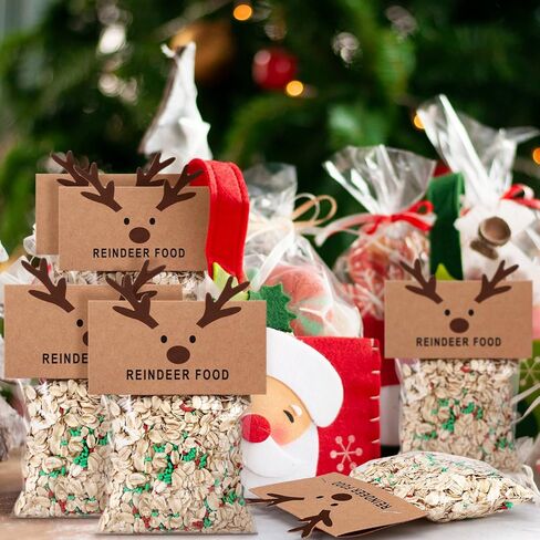Yexiya 100 Pcs Magic Reindeer Christmas Food Treat Bags with 100 Toppers Self Adhesive Cellophane Goodie Plastic Reindeer Food Candy Bags for Gift Giving Wrapping Baking Xmas Party Favors in Saudi Arabia