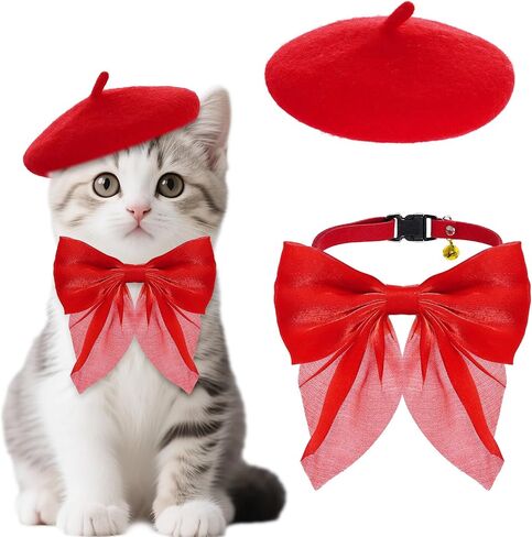 Dog Beret with Cute Bow Collar for Small Dog Cat Funny Artist Dog Hat for Halloween Christmas Birthday Photo Prop Costume (Red) in Saudi Arabia
