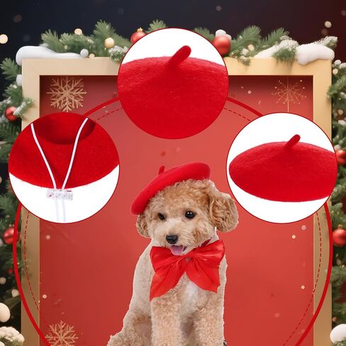 Dog Beret with Cute Bow Collar for Small Dog Cat Funny Artist Dog Hat for Halloween Christmas Birthday Photo Prop Costume (Red) in Saudi Arabia