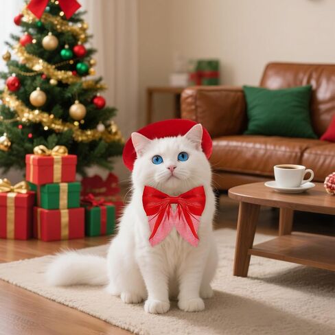 Dog Beret with Cute Bow Collar for Small Dog Cat Funny Artist Dog Hat for Halloween Christmas Birthday Photo Prop Costume (Red) in Saudi Arabia