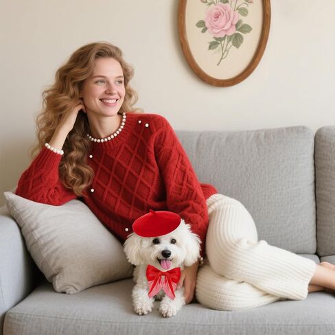 Dog Beret with Cute Bow Collar for Small Dog Cat Funny Artist Dog Hat for Halloween Christmas Birthday Photo Prop Costume (Red) in Saudi Arabia
