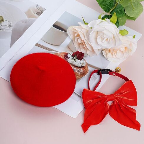 Dog Beret with Cute Bow Collar for Small Dog Cat Funny Artist Dog Hat for Halloween Christmas Birthday Photo Prop Costume (Red) in Saudi Arabia