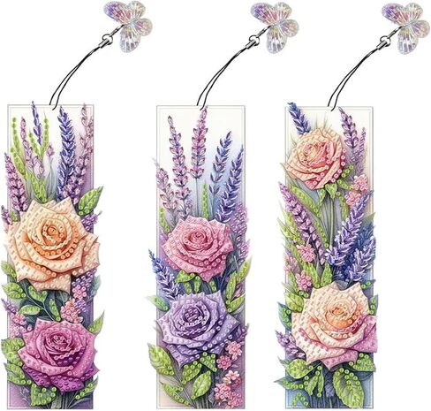 3pcs Flower Diamond Art Bookmarks, Rose Diamond Painting Bookmark Kits for Adult,DIY Gem Art Small Crafts with Rhinestone Tassel,Paint by Diamonds for Graduation Birthday Reader Gifts (flower-021) in Kuwait