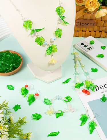 Acrylic Green Leaf Beads, 300Pcs Transparent Grape Strawberry Maplelotus Glass Leaves, Pendants Leaf Bead Caps for Jewelry Making Necklaces Bracelets DIY Crafts in Saudi Arabia