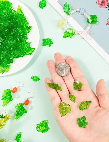 Acrylic Green Leaf Beads, 300Pcs Transparent Grape Strawberry Maplelotus Glass Leaves, Pendants Leaf Bead Caps for Jewelry Making Necklaces Bracelets DIY Crafts in Saudi Arabia
