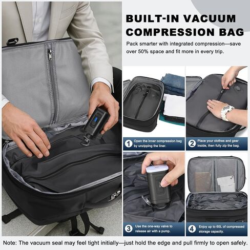Vacuum Backpack Travel - 60L Expandable Carry-On Vacpack Backpack with Vacuum Pump, TSA Lock, Laptop Compartment, Water-Resistant Seal Compression Bag for Business & Flight Travel (Black) in Kuwait