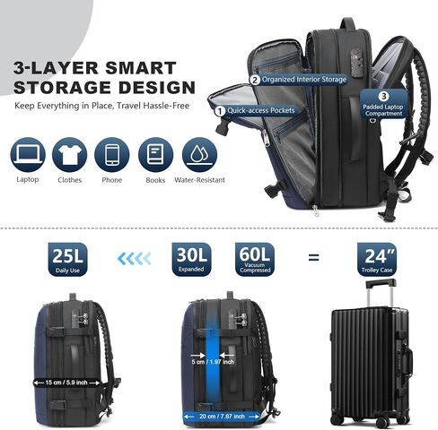 Vacuum Backpack Travel - 60L Expandable Carry-On Vacpack Backpack with Vacuum Pump, TSA Lock, Laptop Compartment, Water-Resistant Seal Compression Bag for Business & Flight Travel (Black) in Kuwait