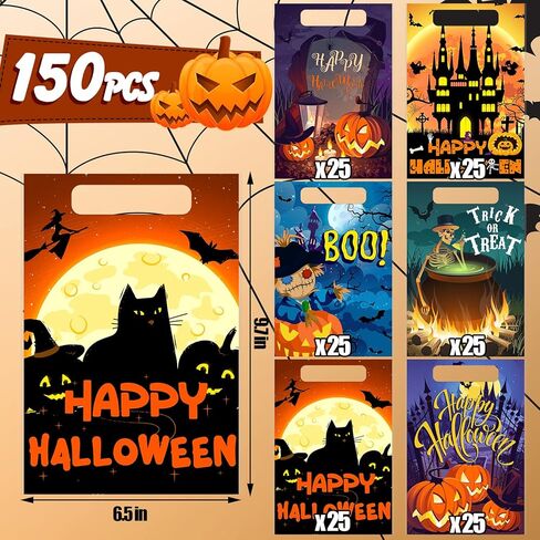 Hotop 150 PCS Halloween Goodie Bags خدعة أو تعامل مع أكياس بلاستيكية بلاستيكية خفيفة كيس كوكي مع مقبض لصالح الحفلات الهالوين الخدعة أو علاج سلة الهدايا in Saudi Arabia