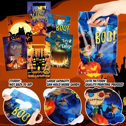 Hotop 150 PCS Halloween Goodie Bags خدعة أو تعامل مع أكياس بلاستيكية بلاستيكية خفيفة كيس كوكي مع مقبض لصالح الحفلات الهالوين الخدعة أو علاج سلة الهدايا in Saudi Arabia