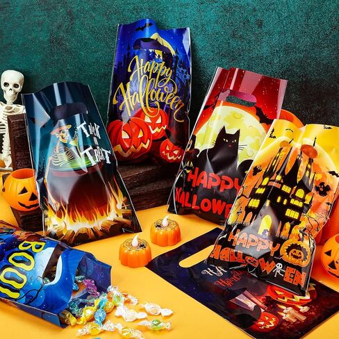Hotop 150 PCS Halloween Goodie Bags خدعة أو تعامل مع أكياس بلاستيكية بلاستيكية خفيفة كيس كوكي مع مقبض لصالح الحفلات الهالوين الخدعة أو علاج سلة الهدايا in Saudi Arabia