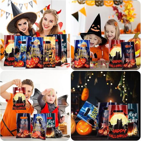 Hotop 150 PCS Halloween Goodie Bags خدعة أو تعامل مع أكياس بلاستيكية بلاستيكية خفيفة كيس كوكي مع مقبض لصالح الحفلات الهالوين الخدعة أو علاج سلة الهدايا in Saudi Arabia