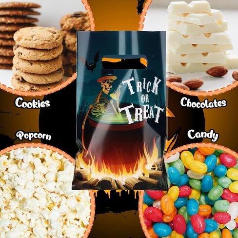 Hotop 150 PCS Halloween Goodie Bags خدعة أو تعامل مع أكياس بلاستيكية بلاستيكية خفيفة كيس كوكي مع مقبض لصالح الحفلات الهالوين الخدعة أو علاج سلة الهدايا in Saudi Arabia