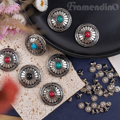 Framendino ، 24 Pack Faux Turquoise Round Conchos Sunflower Displower Buckles Budge Back Buy Building Cathings Buckle for Diy Leather Craft Fabrics (4 Colors) in Saudi Arabia