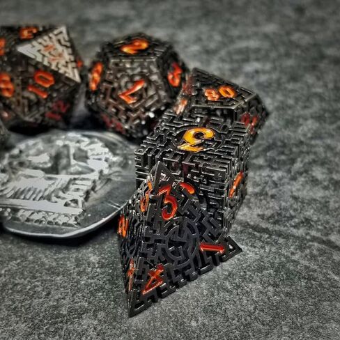 Sage's Portal Labyrinths DND DICE Set 7-PC Hollow Metal Weave Polyhedral Dungeons and Dragons TTRPG Pathfinder Dice Set (Gun Metal) in Kuwait