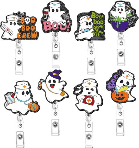 8 PCS Halloween Ghost Badge Cenly Funny Retractable Boo Boo Crew Badge Reel Spooky Ghost موضوع بطاقة بطاقة هوية مع مقطع التمساح هدية للممرضات الأطباء RN in Kuwait