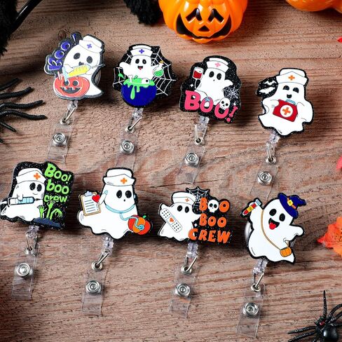 8 PCS Halloween Ghost Badge Cenly Funny Retractable Boo Boo Crew Badge Reel Spooky Ghost موضوع بطاقة بطاقة هوية مع مقطع التمساح هدية للممرضات الأطباء RN in Kuwait