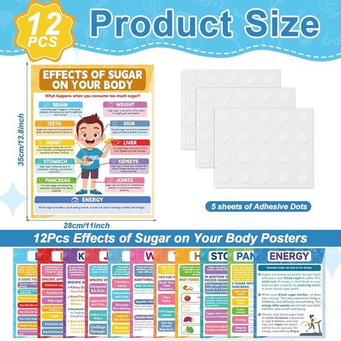 gisgfim 12PCS Effects of Sugar on Your Body Posters Sugar Nutrition Education Posters How Sugar Affects Your Body Bulletin Board for Back to School Classroom Teacher Student Nurse Office Kitchen Decor in Saudi Arabia