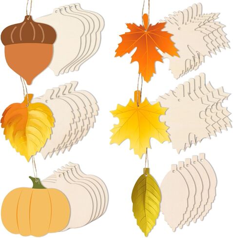 MixTeach 60 Pieces Thanksgiving Unfinished Wood Cutouts Fall Wooden Ornaments Maple Leaves Pumpkin Acorn Shapes Blank Hanging Slices with Holes for Autumn Halloween Thanksgiving Harvest DIY Crafts in Saudi Arabia
