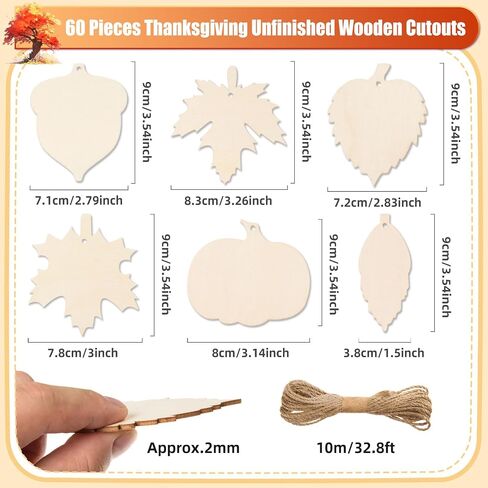 MixTeach 60 Pieces Thanksgiving Unfinished Wood Cutouts Fall Wooden Ornaments Maple Leaves Pumpkin Acorn Shapes Blank Hanging Slices with Holes for Autumn Halloween Thanksgiving Harvest DIY Crafts in Saudi Arabia