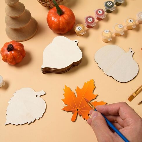 MixTeach 60 Pieces Thanksgiving Unfinished Wood Cutouts Fall Wooden Ornaments Maple Leaves Pumpkin Acorn Shapes Blank Hanging Slices with Holes for Autumn Halloween Thanksgiving Harvest DIY Crafts in Saudi Arabia