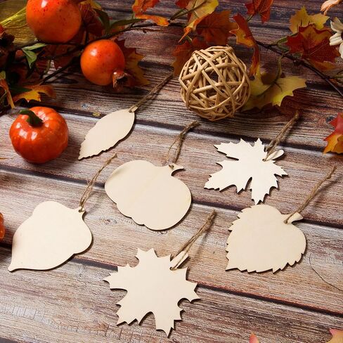 MixTeach 60 Pieces Thanksgiving Unfinished Wood Cutouts Fall Wooden Ornaments Maple Leaves Pumpkin Acorn Shapes Blank Hanging Slices with Holes for Autumn Halloween Thanksgiving Harvest DIY Crafts in Saudi Arabia