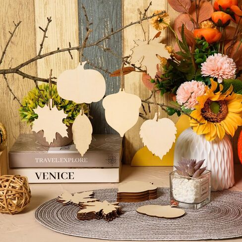 MixTeach 60 Pieces Thanksgiving Unfinished Wood Cutouts Fall Wooden Ornaments Maple Leaves Pumpkin Acorn Shapes Blank Hanging Slices with Holes for Autumn Halloween Thanksgiving Harvest DIY Crafts in Saudi Arabia