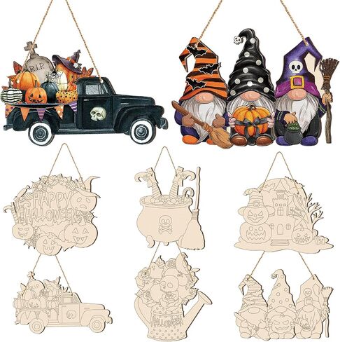 Chunful 6 Sets Large Paintable Halloween Ornaments Unfinished Wood Crafts to Paint Witches Wood Crafts for Painting Pumpkin Gnome Bat Cutouts DIY Ornaments for Adults Door Hanger Wall Decor in Saudi Arabia