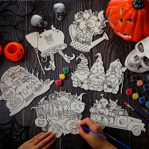Chunful 6 Sets Large Paintable Halloween Ornaments Unfinished Wood Crafts to Paint Witches Wood Crafts for Painting Pumpkin Gnome Bat Cutouts DIY Ornaments for Adults Door Hanger Wall Decor in Saudi Arabia