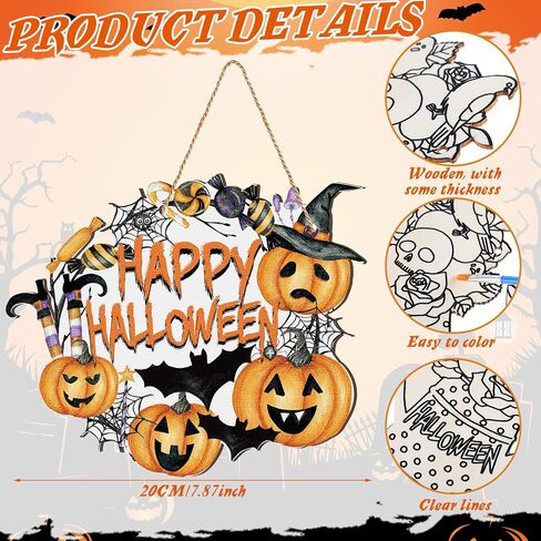 Chunful 6 Sets Large Paintable Halloween Ornaments Unfinished Wood Crafts to Paint Witches Wood Crafts for Painting Pumpkin Gnome Bat Cutouts DIY Ornaments for Adults Door Hanger Wall Decor in Saudi Arabia