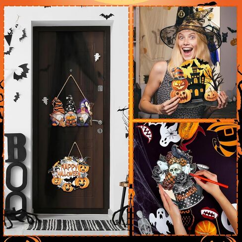 Chunful 6 Sets Large Paintable Halloween Ornaments Unfinished Wood Crafts to Paint Witches Wood Crafts for Painting Pumpkin Gnome Bat Cutouts DIY Ornaments for Adults Door Hanger Wall Decor in Saudi Arabia