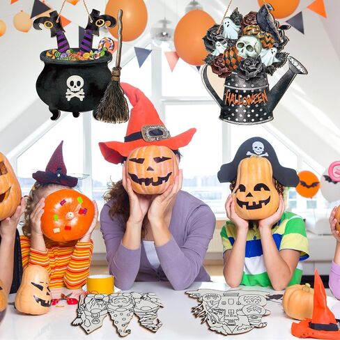 Chunful 6 Sets Large Paintable Halloween Ornaments Unfinished Wood Crafts to Paint Witches Wood Crafts for Painting Pumpkin Gnome Bat Cutouts DIY Ornaments for Adults Door Hanger Wall Decor in Saudi Arabia