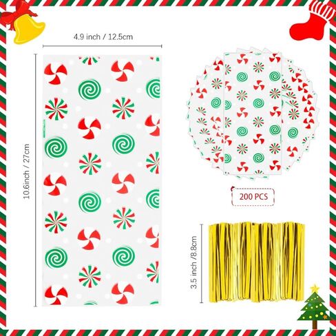 Christmas Treat Bags, 50 Pack Christmas Candy Bags, Cellophane Treat Bag with Twist Ties, Xmas Candy Cane Goodie Gift Bag, Cello Holiday Treat Snack Bags for Gift Wrap Sweets Xmas Party Favor Supplies in Kuwait