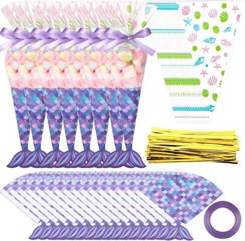 Yexiya 25 Pack Mermaid Birthday حفلة تفضيل الأكياس المثلث Cellophane Candy Treat Goody Bag مع 25 بطاقات ذيل حورية البحر 50 PCS Twist و Roll من الشريط الأرجواني لحفلة عيد الميلاد in Saudi Arabia