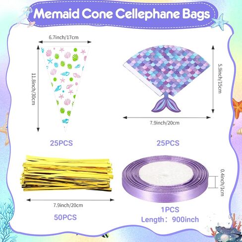 Yexiya 25 Pack Mermaid Birthday حفلة تفضيل الأكياس المثلث Cellophane Candy Treat Goody Bag مع 25 بطاقات ذيل حورية البحر 50 PCS Twist و Roll من الشريط الأرجواني لحفلة عيد الميلاد in Saudi Arabia
