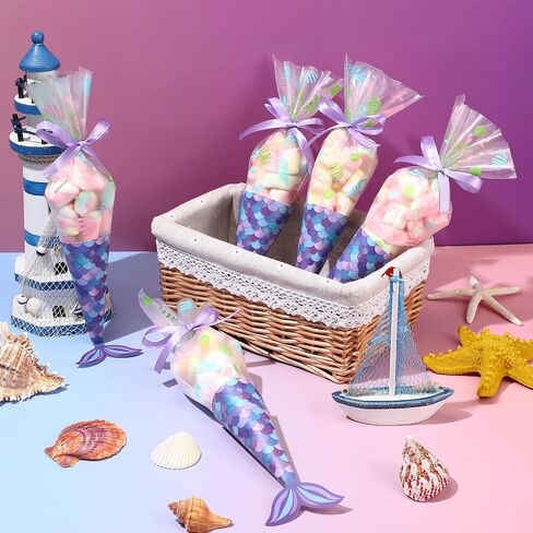 Yexiya 25 Pack Mermaid Birthday حفلة تفضيل الأكياس المثلث Cellophane Candy Treat Goody Bag مع 25 بطاقات ذيل حورية البحر 50 PCS Twist و Roll من الشريط الأرجواني لحفلة عيد الميلاد in Saudi Arabia