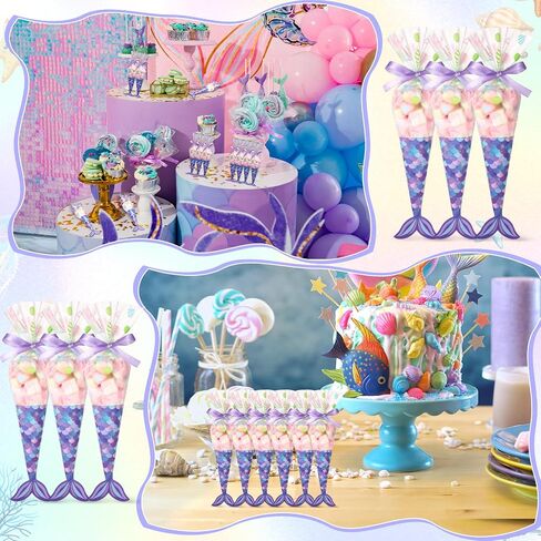 Yexiya 25 Pack Mermaid Birthday حفلة تفضيل الأكياس المثلث Cellophane Candy Treat Goody Bag مع 25 بطاقات ذيل حورية البحر 50 PCS Twist و Roll من الشريط الأرجواني لحفلة عيد الميلاد in Saudi Arabia