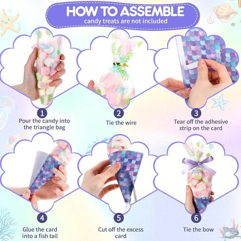 Yexiya 25 Pack Mermaid Birthday حفلة تفضيل الأكياس المثلث Cellophane Candy Treat Goody Bag مع 25 بطاقات ذيل حورية البحر 50 PCS Twist و Roll من الشريط الأرجواني لحفلة عيد الميلاد in Saudi Arabia