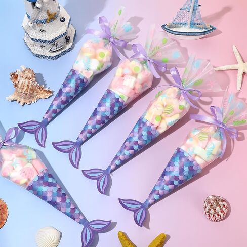 Yexiya 25 Pack Mermaid Birthday حفلة تفضيل الأكياس المثلث Cellophane Candy Treat Goody Bag مع 25 بطاقات ذيل حورية البحر 50 PCS Twist و Roll من الشريط الأرجواني لحفلة عيد الميلاد in Saudi Arabia