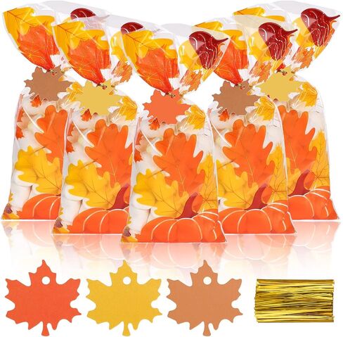 Whaline 120pcs أكياس سقوط السيلوفان مع علاقات ذهبية تويست و 120pcs لورق القيقب علامات الخريف حلوى الشكل التشيلو كيس البلاستيك تعامل مع حقيبة Goodie لعيد الشكر لصالح لوازم الطرف الخريف in Saudi Arabia