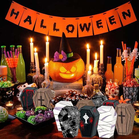 HOWAF 12 PCS Halloween Coffin Candy Boxes ، Halloween Treat Boxes Cross Spider Web Goodie Joxes for Trick أو Treat Party Decoration Supplies Spooky Halloweens Gift in Saudi Arabia