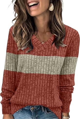 SAMPEEL V Neck Long Sleeve Shirts for Women Casual Fall Tops Lightweight Tunic Sweaters Fashion Clothes 2024 in Kuwait