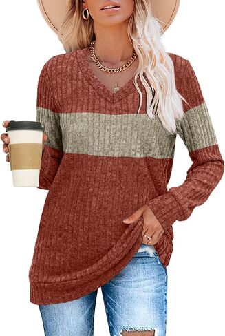 SAMPEEL V Neck Long Sleeve Shirts for Women Casual Fall Tops Lightweight Tunic Sweaters Fashion Clothes 2024 in Kuwait