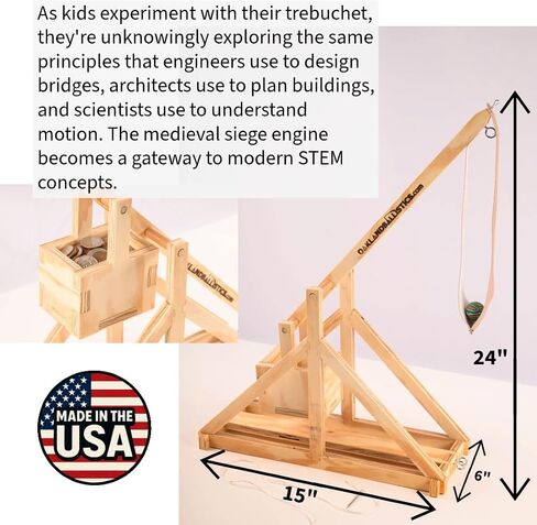Wood Trebuchet kit for 12 and up, Fully Adjustable, launches 30+ ft. Made in America, Updated Design for 2025 in Saudi Arabia