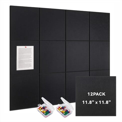 Large Cork Bulletin Board for Wall 47" x 35", 12 Pack Black Felt Pin Board with 60 Pushpins and 72 Safe Removable Adhesive Tabs, Felt Wall Tiles for Office（Black） in Kuwait