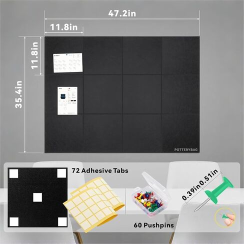Large Cork Bulletin Board for Wall 47" x 35", 12 Pack Black Felt Pin Board with 60 Pushpins and 72 Safe Removable Adhesive Tabs, Felt Wall Tiles for Office（Black） in Kuwait