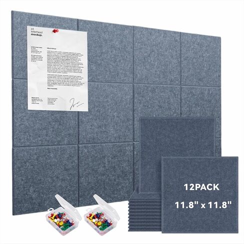 Large Cork Bulletin Board for Wall 47" x 35", 12 Pack Black Felt Pin Board with 60 Pushpins and 72 Safe Removable Adhesive Tabs, Felt Wall Tiles for Office（Black） in Kuwait