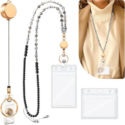 HappyHapi Teacher Lanyards for Id Badges and Keys, Retractable Natural Stone Beaded Lanyard for Women Cute with Id Holder, Black in Kuwait