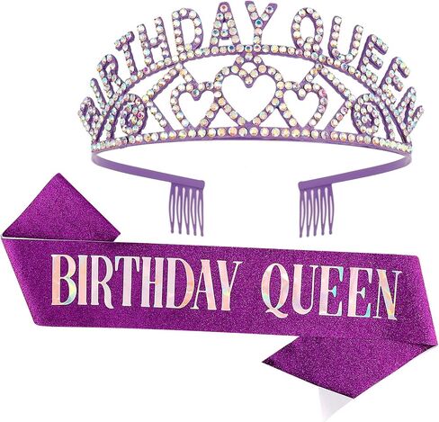 Cavetee Purple Queen Rhinestone Tiara and Sash - عيد ميلاد Tiara و Sash Party تفضل ديكورات بريق للنساء (رسالة متعددة الألوان) in Saudi Arabia